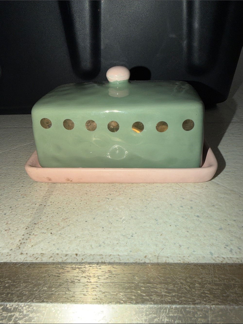 Butter Dish With Lid Glass Green Gold Pink